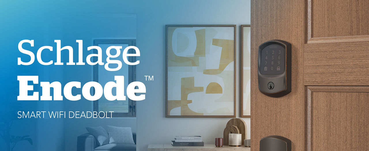 Aged Bronze Schlage Encode Smart Lock installed on open door revealing interior of a home with a product name logo overlayed